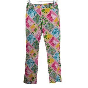 Vintage Lilly Pulitzer Patchwork Pants Womens Size 2 Pink Citrus Floral Stretch